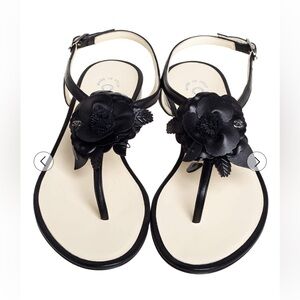 CHANEL Black Leather Sandals with Camellia